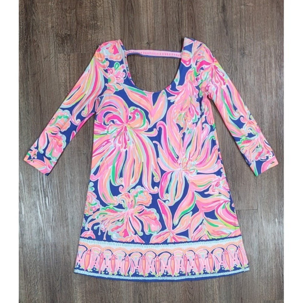Lilly Pulitzer Emma Dress S Navy Pink Floral 3/4 Sleeve Scoop Back Border Hem